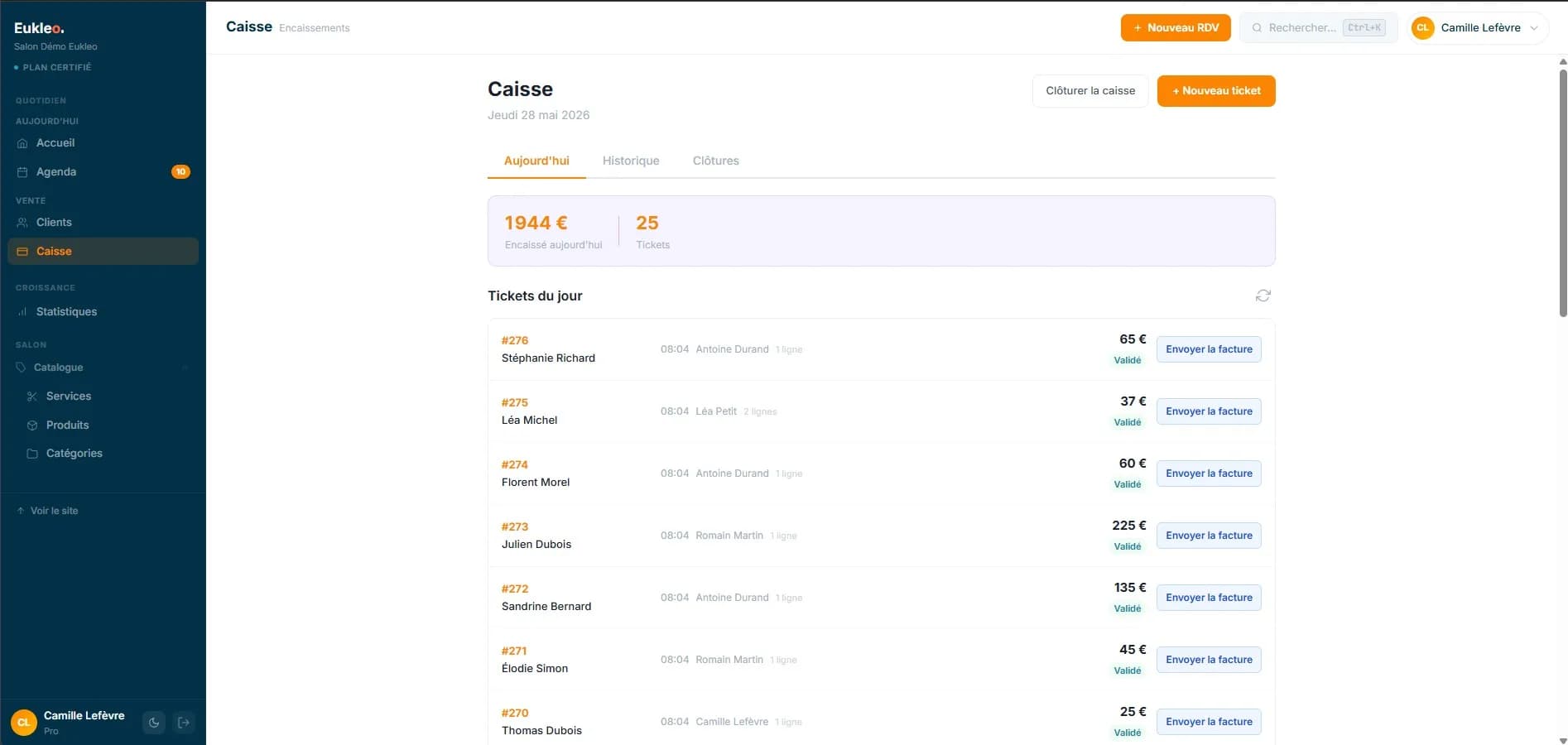 Aperçu Caisse & encaissements dans Eukleo