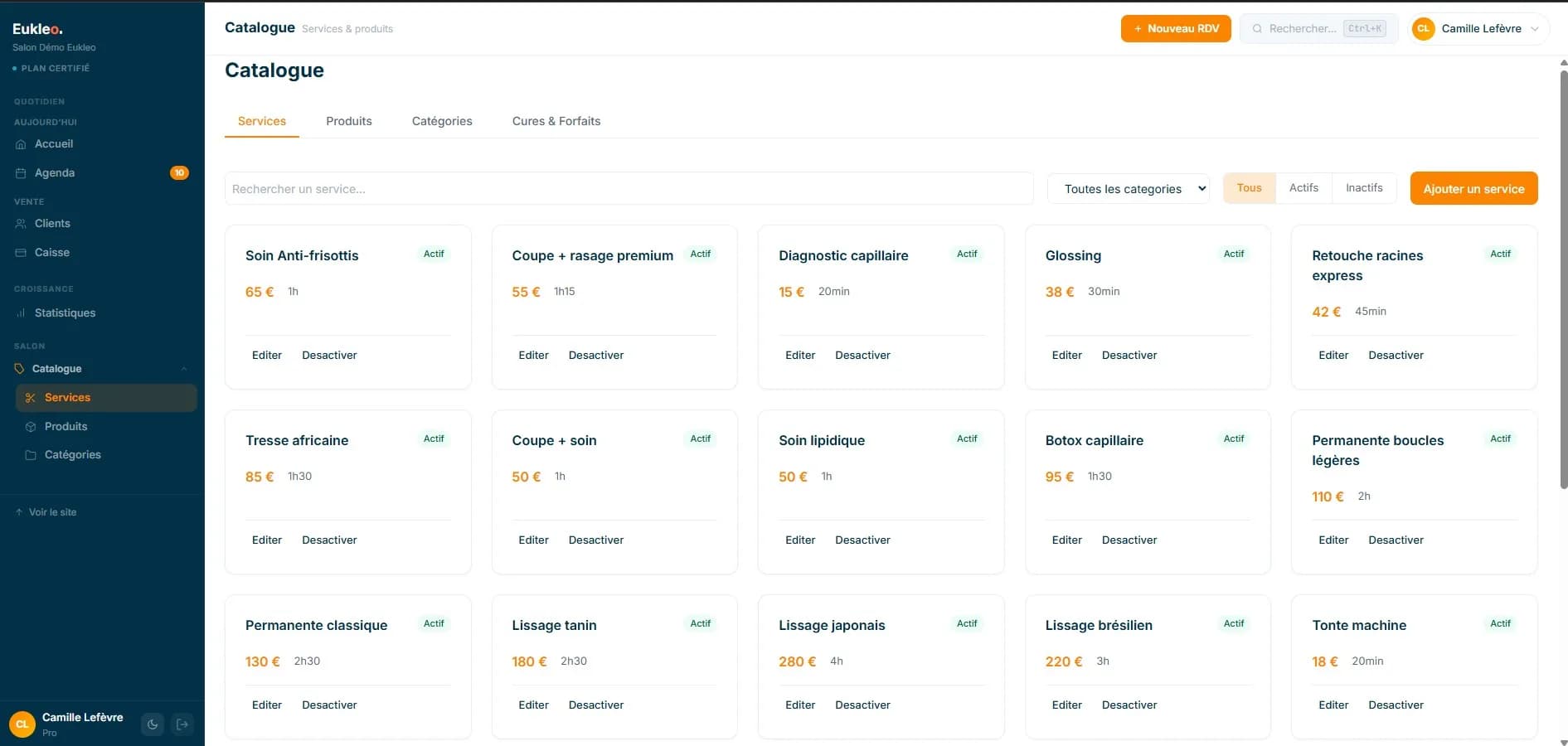 Aperçu Catalogue de services dans Eukleo